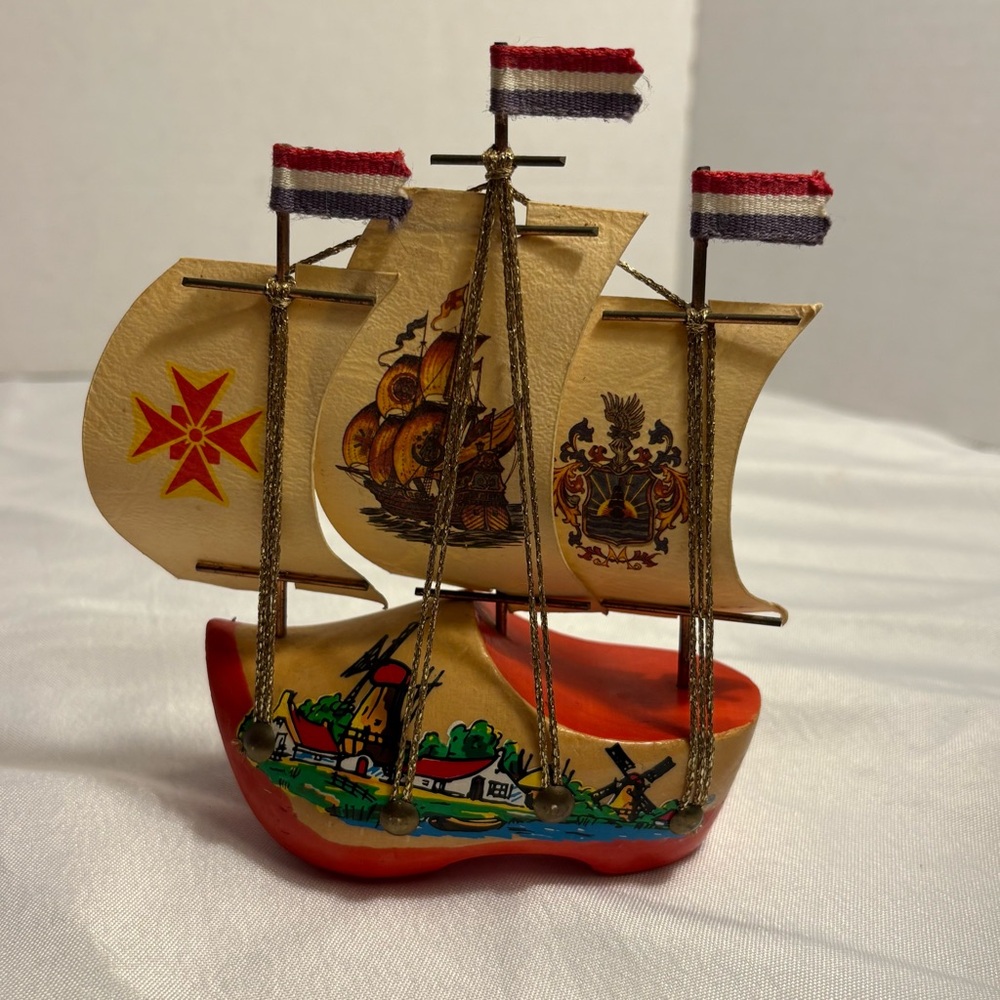 Vintage Holland Wooden Clog Shoe Sail Boat Ship Souvenir Toy Figurine